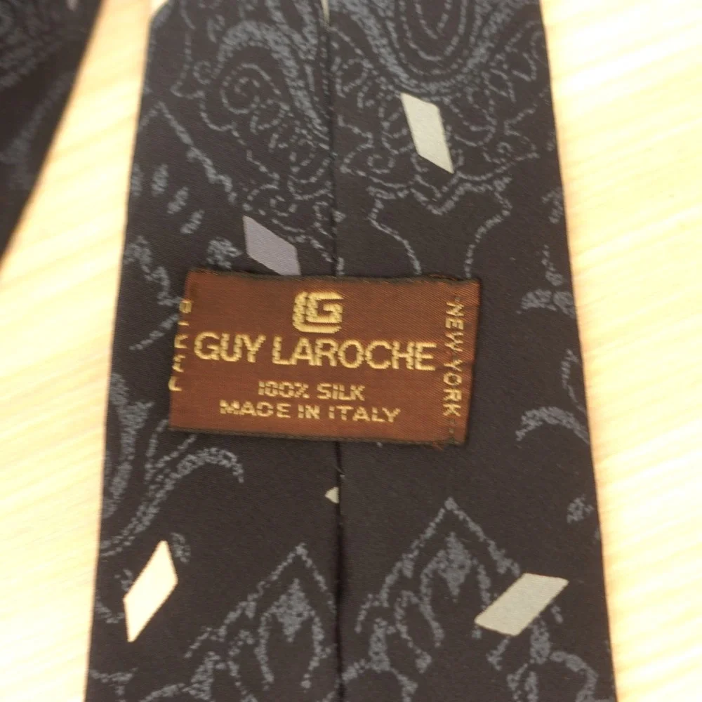 Vintage GUY LAROCHE Tie Mens Black Dark Boho Paisley Damask Italian Luxury